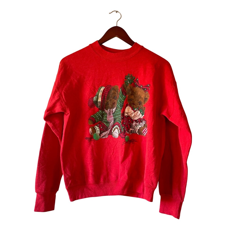 Vintage Red Christmas Teddy Bear Sweatshirt Women's Medium